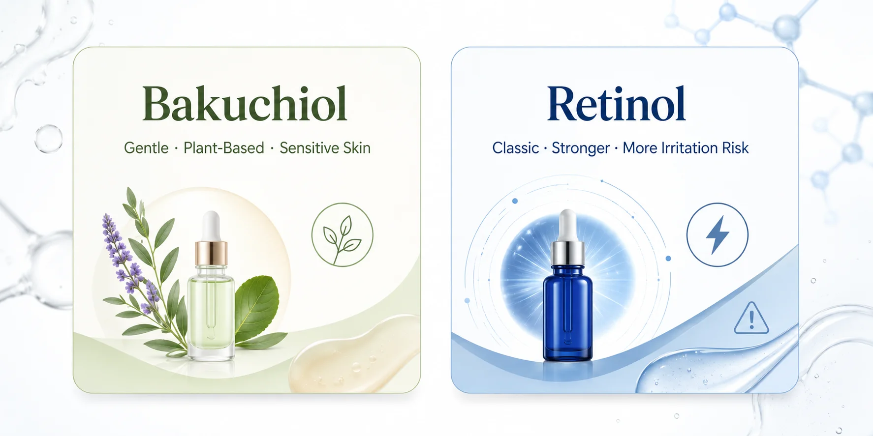 A graphic comparing Bakuchiol and Retinol skincare products, highlighting Bakuchiol as gentle and plant-based versus Retinol as stronger with potential irritation risks.